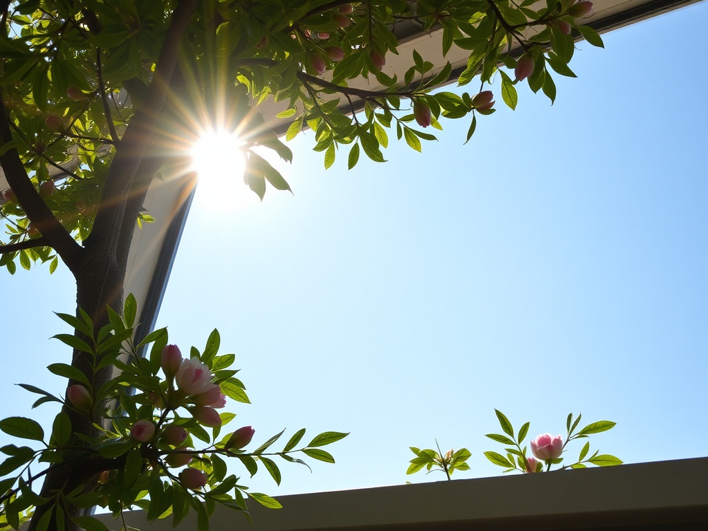 Солнечные лучи пробиваются сквозь листву дерева под ясным небом, украшенным цветами.