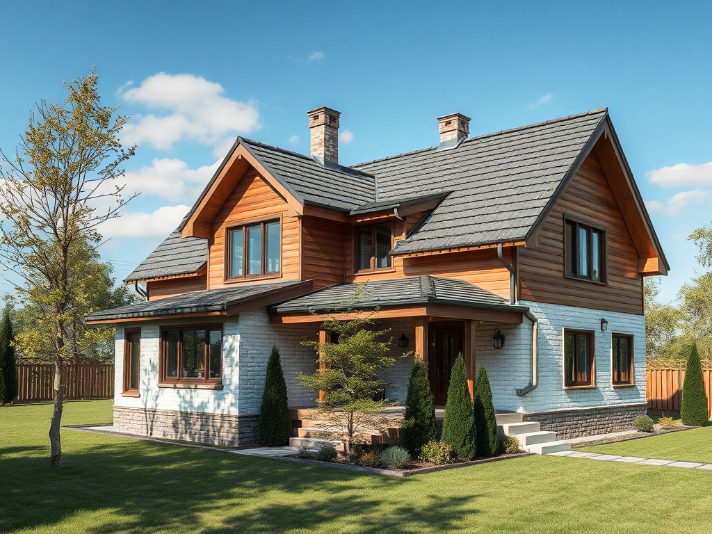 Современный дом с деревянным фасадом и зеленым садом на фоне голубого неба.