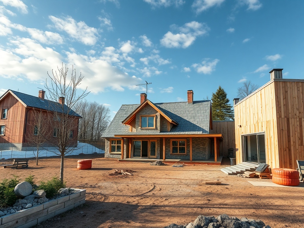 Два дома на фоне ясного неба, с ухоженным участком и открытым пространством для отдыха.