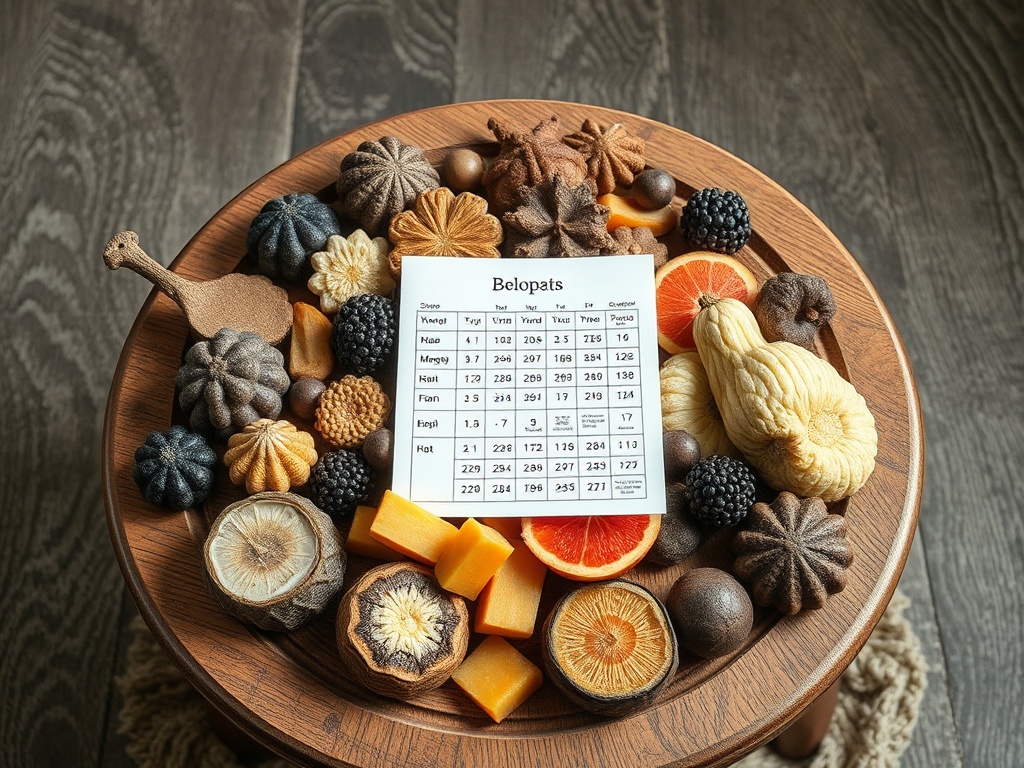 На столе размещены декоративные продукты и таблица с названием "Belopats".