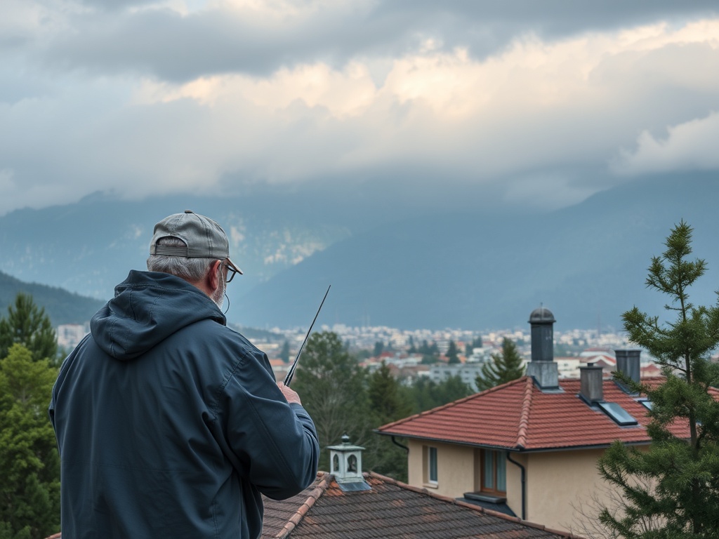 Мужчина в куртке с капюшоном стоит на крыше и смотрит на горы и облака. Вдали виден город.