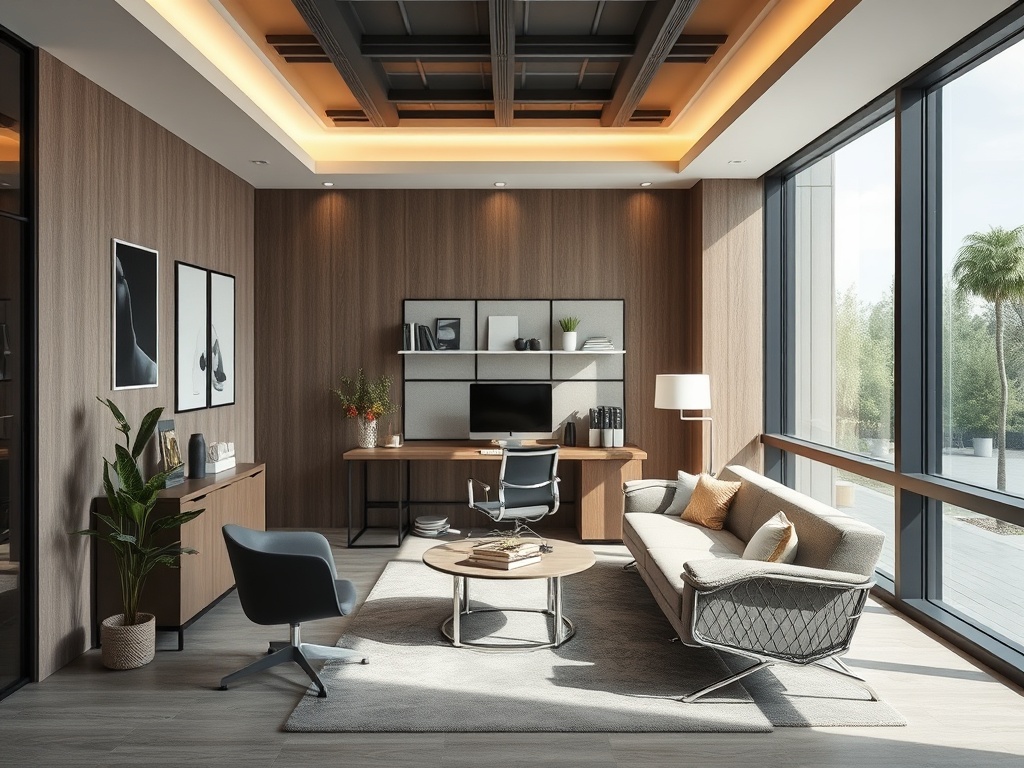 Современный офис с деревяной отделкой, стеклянными стенами и удобной мебелью, наполненный естественным светом.