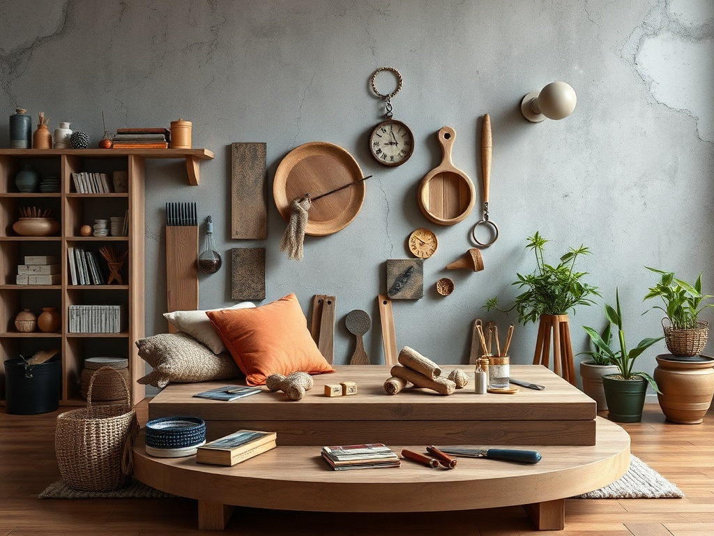 Уютная комната с деревянной мебелью, изысканными аксессуарами и зелеными растениями на фоне серой стены.