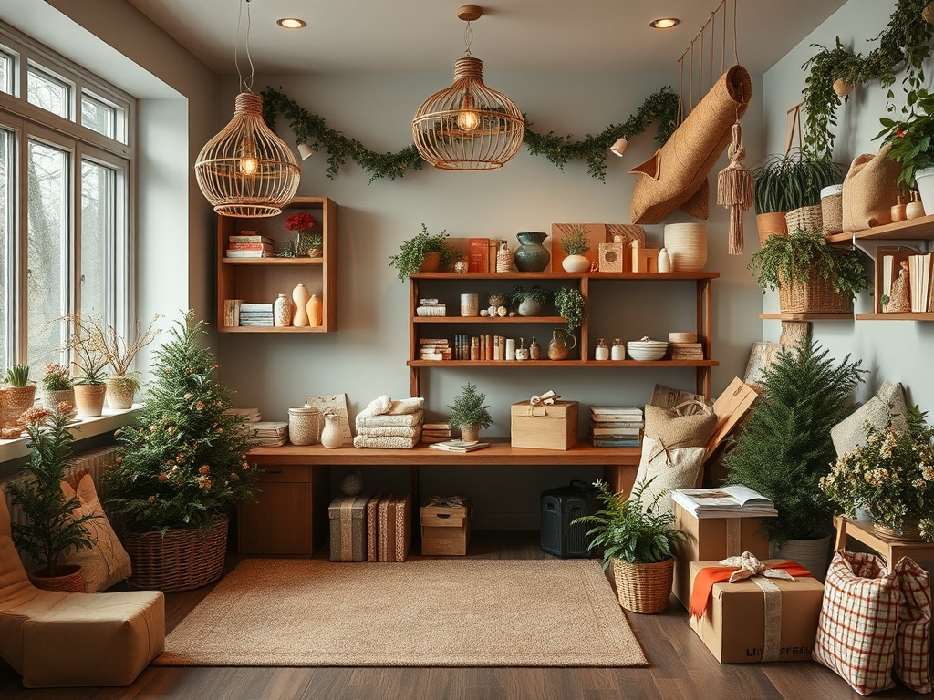 Уютное пространство с полками, украшенными растениями, книгами и подарками, создающее атмосферу праздника.