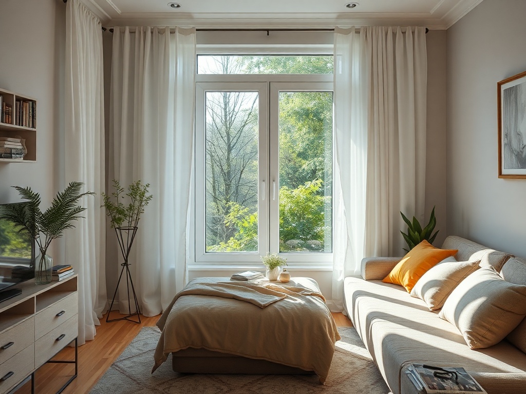 Уютная гостиная с диваном, большим окном и зеленью за окном. Теплые оттенки и яркие подушки создают атмосферу.