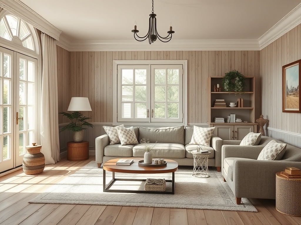 Светлая гостиная с мягкой мебелью, большим окном и уютными аксессуарами, обрамленная деревянными стенами.