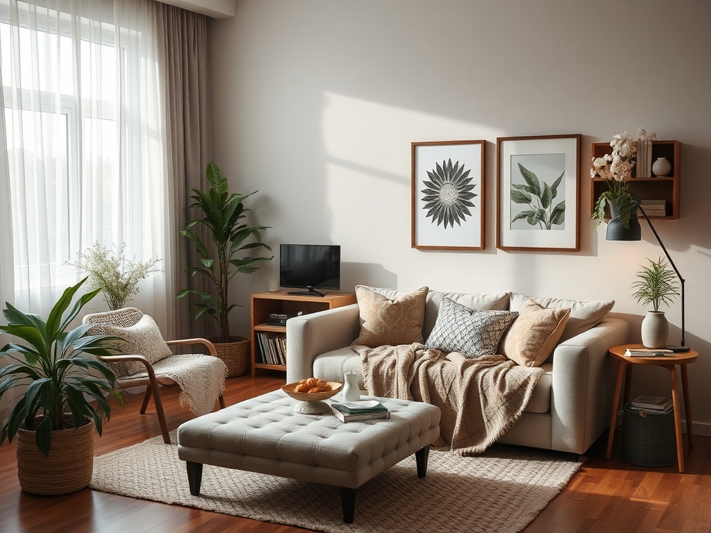 Светлая гостиная с диваном, пледом, растениями и картинами на стене. Уютная атмосфера и стильный интерьер.