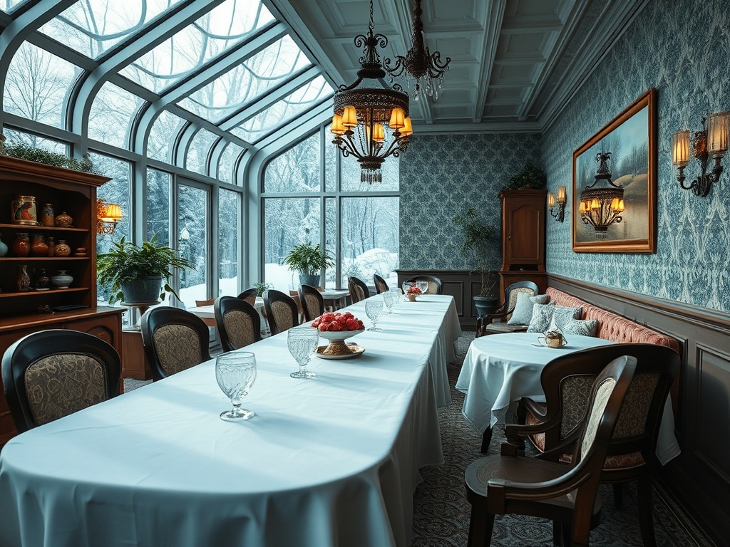 Элегантный зал с длинным столом, стульями и яркими окнами, через которые видно зимний пейзаж.