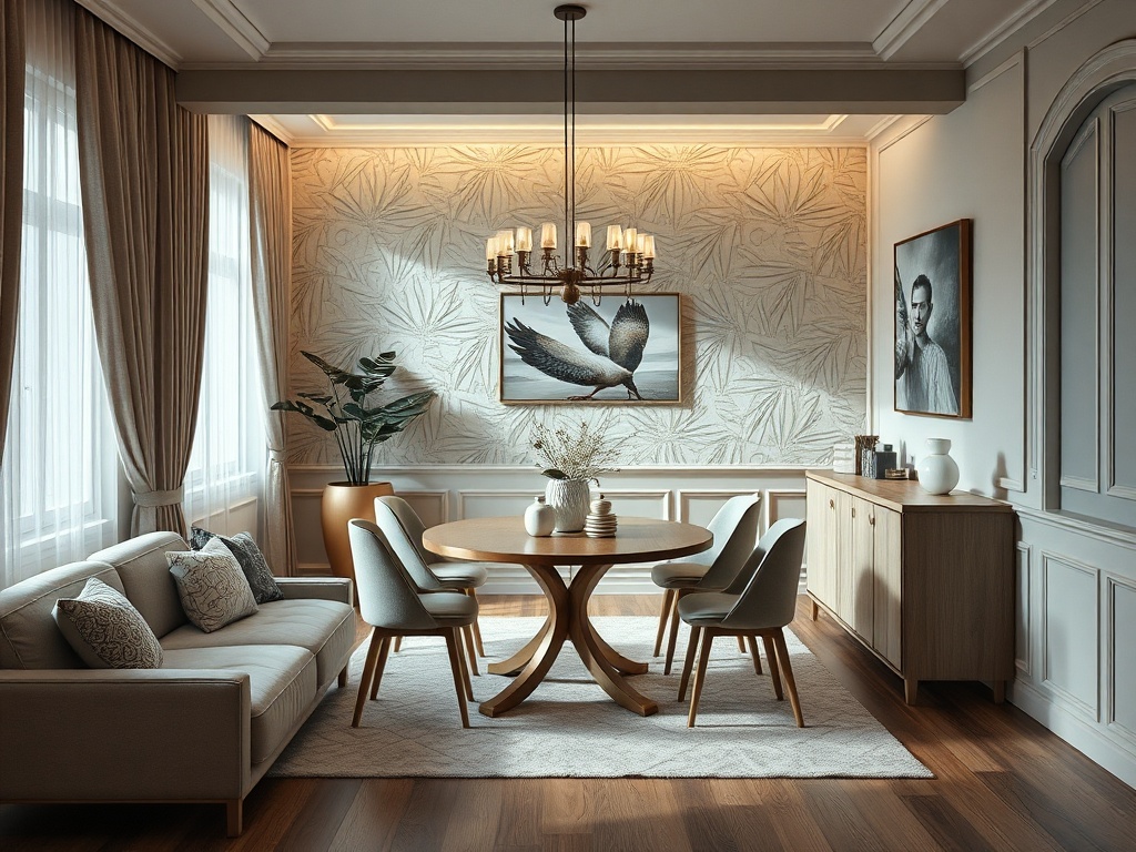 Современный интерьер dining зоны с круглым столом, стульями и уютным уголком для отдыха.