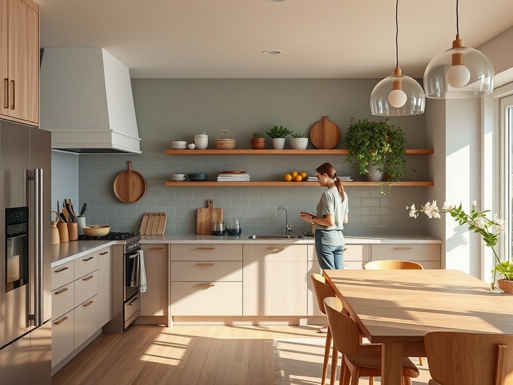 Современная кухня с деревянными фасадами, столом и женой, готовящей у раковины. Светлое, уютное пространство.
